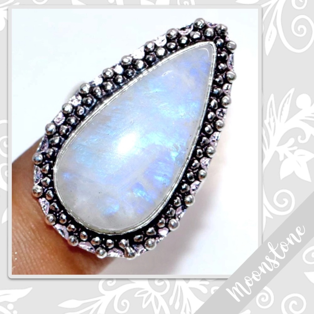 Rainbow Moonstone Large Silver Artisan Ring, Size 8 Turquoise, Blue-Violet flash